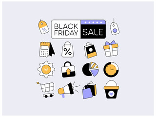 Flat Black Friday Icons Set for E-commerce. This set of flat icons visually represents Black Friday shopping. black friday vector coloring icon design illustration.