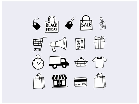 Black Friday Icons for Sale Promotion. Hand-drawn, simple black and white icons depicting Black Friday sale elements like gift boxes, shopping bags, a shopping cart, a megaphone, a truck, and a calend