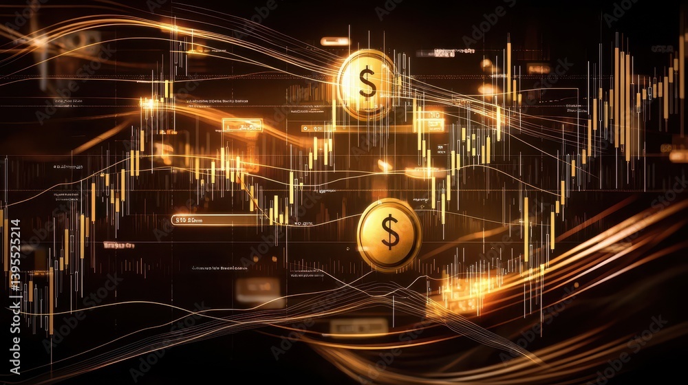 Poster the image depicts a digital financial chart with glowing dollar symbols and dynamic lines, represent