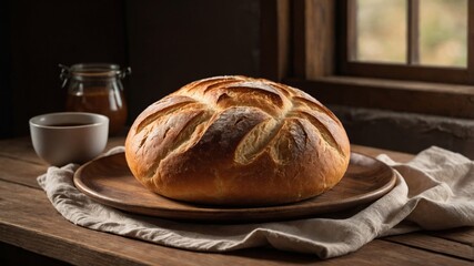 Fresh round bread in the village kitchen