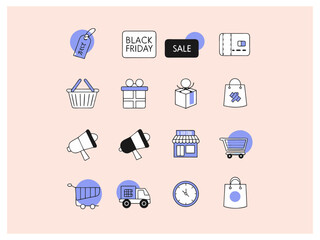 Black Friday Shopping Icons Set. A collection of simple, hand-drawn icons representing various elements of Black Friday shopping.