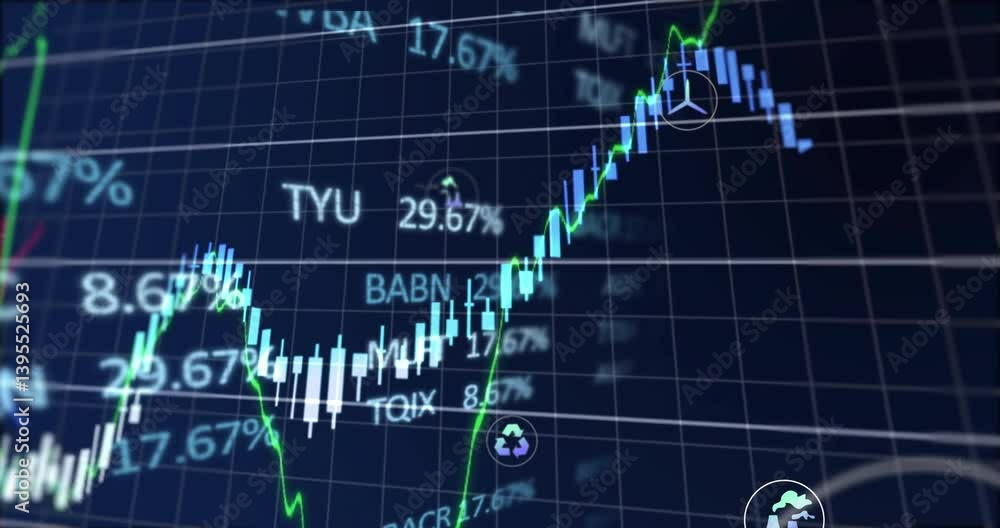 Aufkleber displaying financial data and stock market trends with graphs and animation