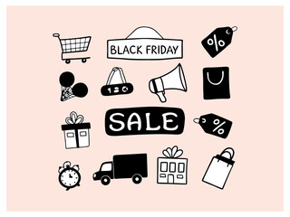 Black Friday Shopping Icons Set. A collection of simple, hand-drawn icons representing various elements of Black Friday shopping.