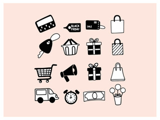 Black Friday Sale Icons Set for E-commerce. graphic features a collection of simple, line-art icons representing Black Friday sales.