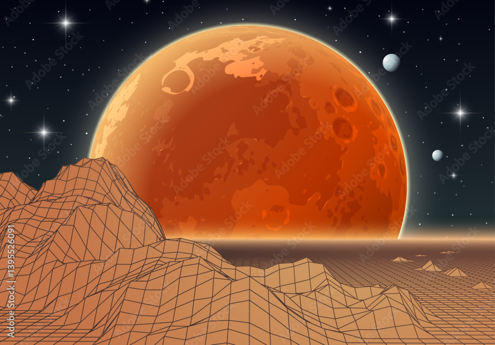 Poster Retro futuristic landscape with mountains and sun in deep space. 80s styled synthwve landscape with sunrise over alien planet.