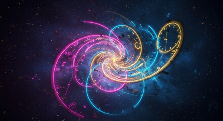 Obraz premium Abstract representation of time swirling in vibrant colors against a cosmic backdrop