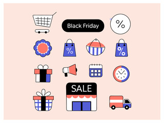 A collection of simple, modern, and minimalist icons representing Black Friday deals. Black Friday Sale Icons Set for Marketing Materials vector icon's design    