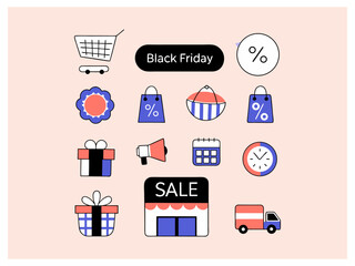 A collection of simple, modern, and minimalist icons representing Black Friday deals. Black Friday Sale Icons Set for Marketing Materials vector icon's design    