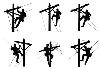 Silhouettes of Utility Linemen Working on Power Poles ,Vector Set of Electrical Workers Climbing Utility Structures.