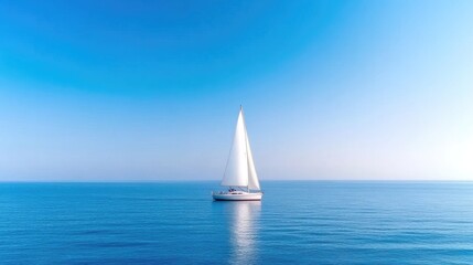 Obraz premium Sailboat on Calm Ocean Serene Minimalist Style High-Definition Vibrant Lighting Long Shot Ocean Breeze Tranquility Azure Blue Waters Ideal for Travel Brochures