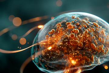 Close-up of translucent sphere filled with orange globules and sparkling particles, set against a dark teal background, suggesting a scientific or abstract concept