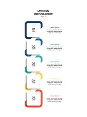 5 Elements placed in vertical row. Concept of 5 successive steps of project development process. Flat infographic design template. Simple vector illustration for business analytics.