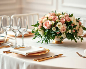 Fototapeta premium Elegant floral arrangement and fine dining setup for a romantic evening celebration with soft pastel hues