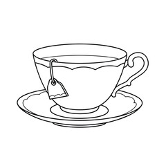 Elegant Teacup, Saucer, Tea Bag, Hot Beverage, Line Art, Drink, Caffeine, Relaxation, Simple Design,