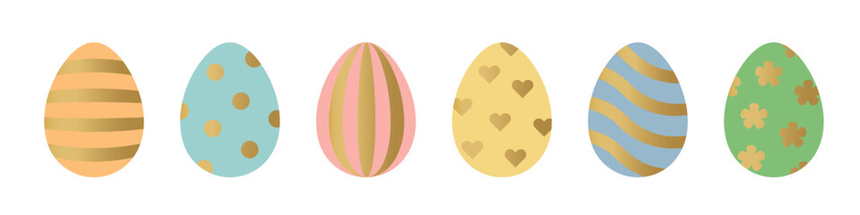 set of different colorful easter eggs decorated golden patterns - vector illustration