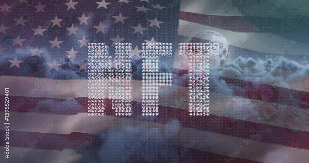 Poster nft animation over american flag with digital and cloud elements in background