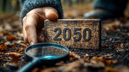 Wooden plaque with 2050, magnifying glass, forest