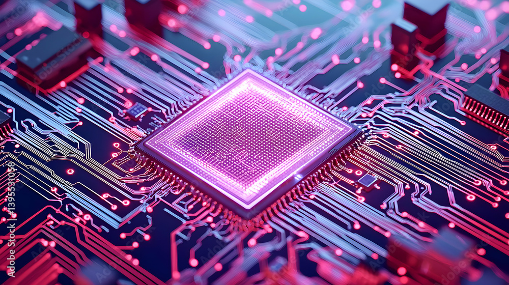 Poster close up of glowing microchip on circuit board