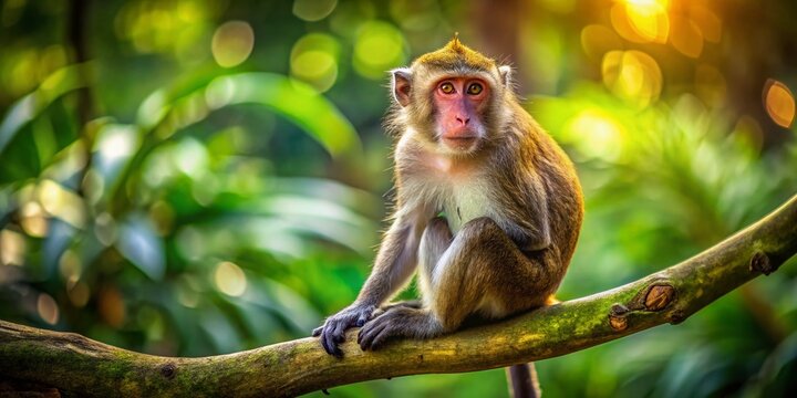 Adorable Long-Tailed Macaque Relaxing on Tree Branch - Tilt-Shift Photography