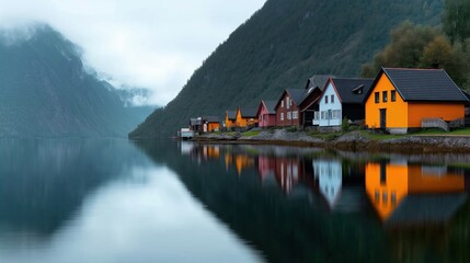Obraz premium Breathtaking Views of Lakeside Village and Mountains