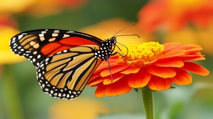 Obraz premium Monarch Butterfly on Zinnia Flower: A Vibrant Summer Scene