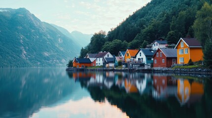 Fototapeta premium Calm Waters Reflecting the Beauty of Lakeside Village