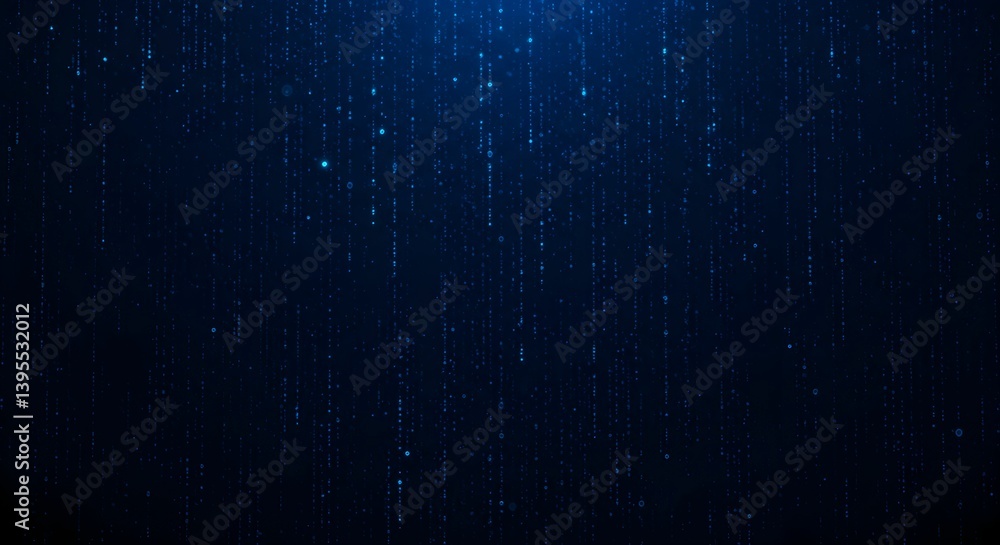 Poster a dark blue background filled with numerous vertical streams of glowing blue light. these streams ar
