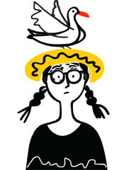 Obraz premium illustration of a girl in a hat with a seagull on her head