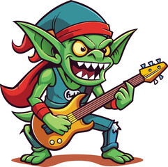 Rockstar goblin playing electric guitar. Funny cartoon fantasy creature enjoying music. Perfect for musical projects, character designs, and creative storytelling illustrations.