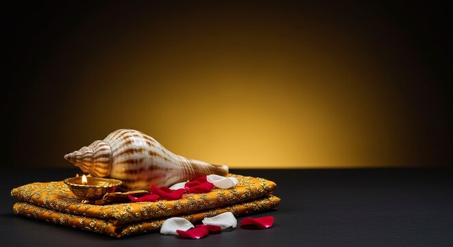 White Conch Shell on Velvet Cloth with Sacred Thread for Indian Religious Ceremony. Simple Minimal Background. Copy space for Text.
