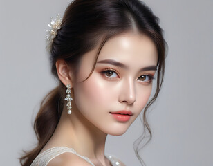 Beautiful beautiful bride model woman with beautiful hairstyle and makeup in elegant wedding dress. エレガントなウェディングドレスを着た、美しいヘアスタイルとメイクをした美しい花嫁モデルの女性