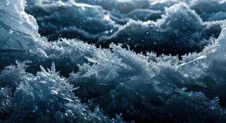 Close-up view of intricate ice crystals forming on a frozen surface, showcasing nature's beauty