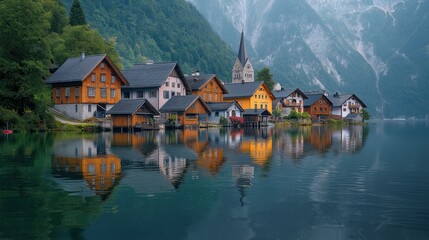 Obraz premium Idyllic Lakeside Village Surrounded by Majestic Mountains