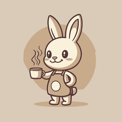 Obraz premium Adorable cartoon bunny holding a steaming cup of coffee against a muted brown background, concept for cafe branding, coffee shop logo, and cute animal illustrations