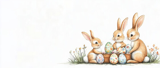 Fototapeta premium Cute bunnies painting colorful eggs in spring setting, perfect for Easter celebrations