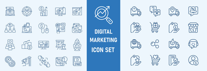 Digital marketing icon set. Containing seo, content, website, social media, sales and online advertising. Solid vector symbol collection.