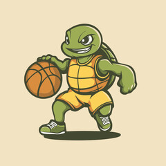 Obraz premium A cartoon turtle wearing a yellow jersey dribbling a basketball, concept for sports mascot logo design