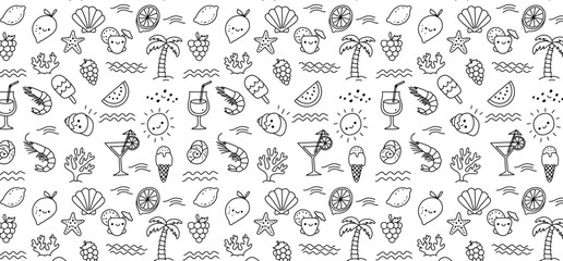 Seamless pattern with cute kawaii summer beach doodles, black and white line art background featuring smiling sun, palm tree, fruit, shell, and starfish characters for kids © mamunit1