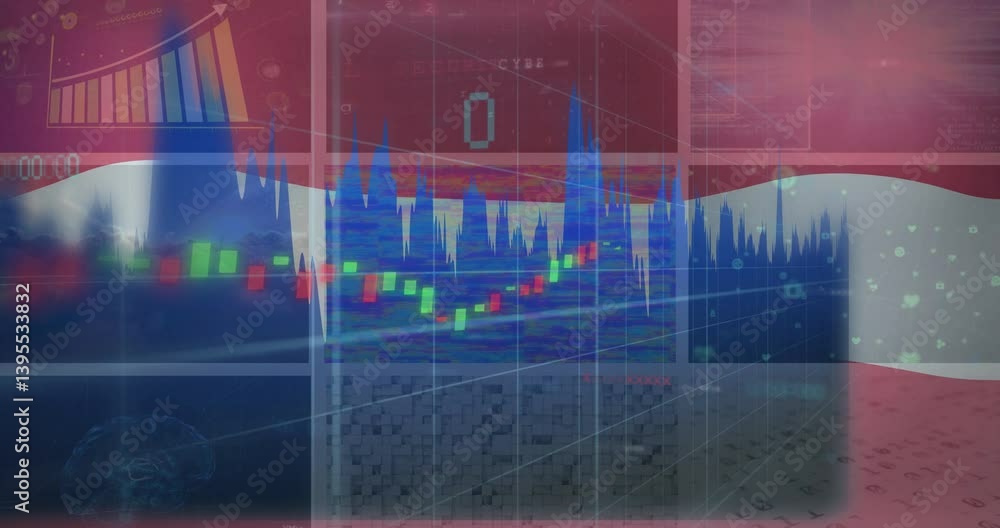 Poster Animation of financial charts and graphs overlaying abstract digital background