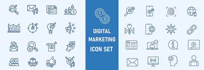 Digital marketing icon set. Containing seo, content, website, social media, sales and online advertising. Solid vector symbol collection.