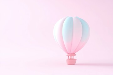Fototapeta premium Pastel hot air balloon on a light pink background. A soft, 3D rendered hot air balloon in a light pink and pastel blue color scheme