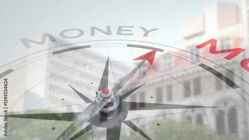 Poster animation of compass pointing towards money with cityscape in background