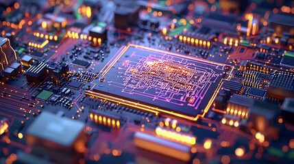 Obraz premium Close Up Of Glowing Circuit Board With Complex Chip