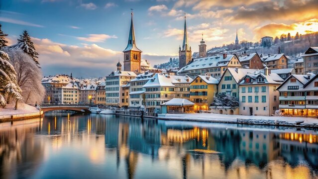 Charming Old Zurich Town Winter Lakeside View - Snow Covered Houses & Frozen Lake