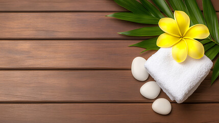 Spa Setting With Yellow Flower And White Towel On Wooden Table