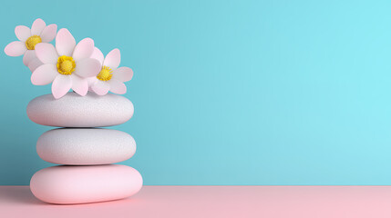 Pastel Stones and Flowers on Turquoise Background