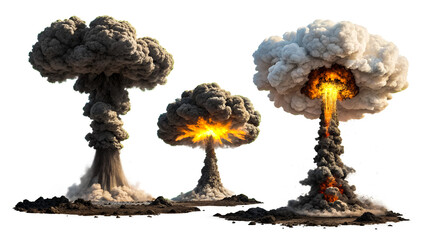 three atomic bomb explosions isolated on a white background, Png.