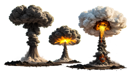 three atomic bomb explosions isolated on a white background, Png.