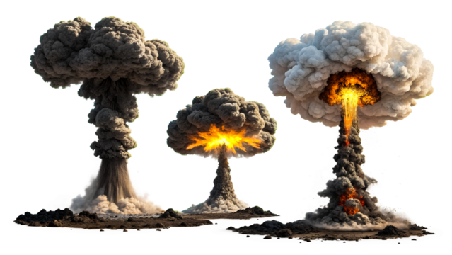 three atomic bomb explosions isolated on a white background, Png.