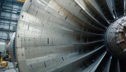 Obraz premium Industrial Turbine Rotor: Silver Metal Blades in Factory Setting